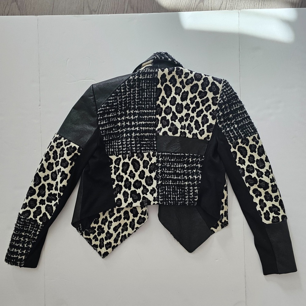 Alice + Olivia Small Harvey Cropped Tweed Leather Leopard Jacket Patchwork NWT - Picture 4 of 12